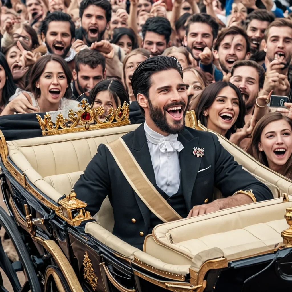 A very clear modern picture of a dark haired, modern handsome king with a beard riding in an royal open carriage amongst a happy crowd. One person in the crowd sticks her tongue out at him, doesn't like the king.