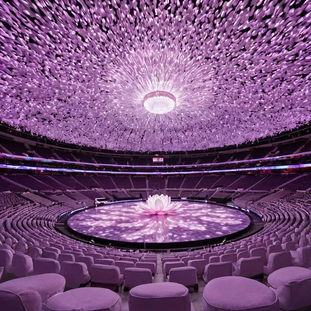 A wideangle, cinematic shot of a vast, openair stadium floating in a nebula of soft, pastel pink and lavender gas, constructed entirely from woven, translucent silk fibers that shimmer with a subtle, pearlescent iridescence. The seats are not rigid benches but flowing, organic waves of suspended, liquidlike fabric that ripple gently with the airflow, each strand embedded with tiny, bioluminescent nodes of soft white light that pulse in a synchronized, slow rhythm. In the center of the arena, a colossal, abstract structure resembling a blooming lotus flower made of polished, matte white porcelain rises from the ground, its petals slightly unfurled to reveal a core of swirling, golden honey that glows with internal warmth.