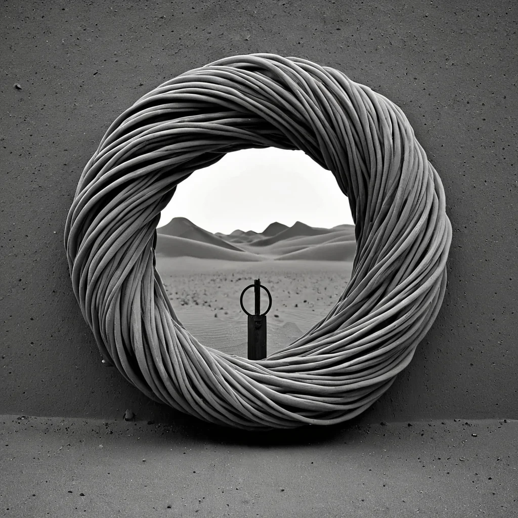 A single, selfilluminating tangle of reversed silence, shaped like a 3,000,000dimensional knot of unformed stillness and inverted quiet, pulses at the center of a vast, inverted desert of solidified sound. Each twist is spun from the exact moment between a door closing and its refusal to echo, a breath held in anticipation and dissolving into nonresonance, a whisper fading into air and collapsing into pure, unmeasured nonvibration. The knot does not contain silenceit uncontains it, each fraying strand shedding a layer of acoustic potential that never coalesced into rhythm, tone, or the weight of being heard. As it rotates in the deserts heart, it