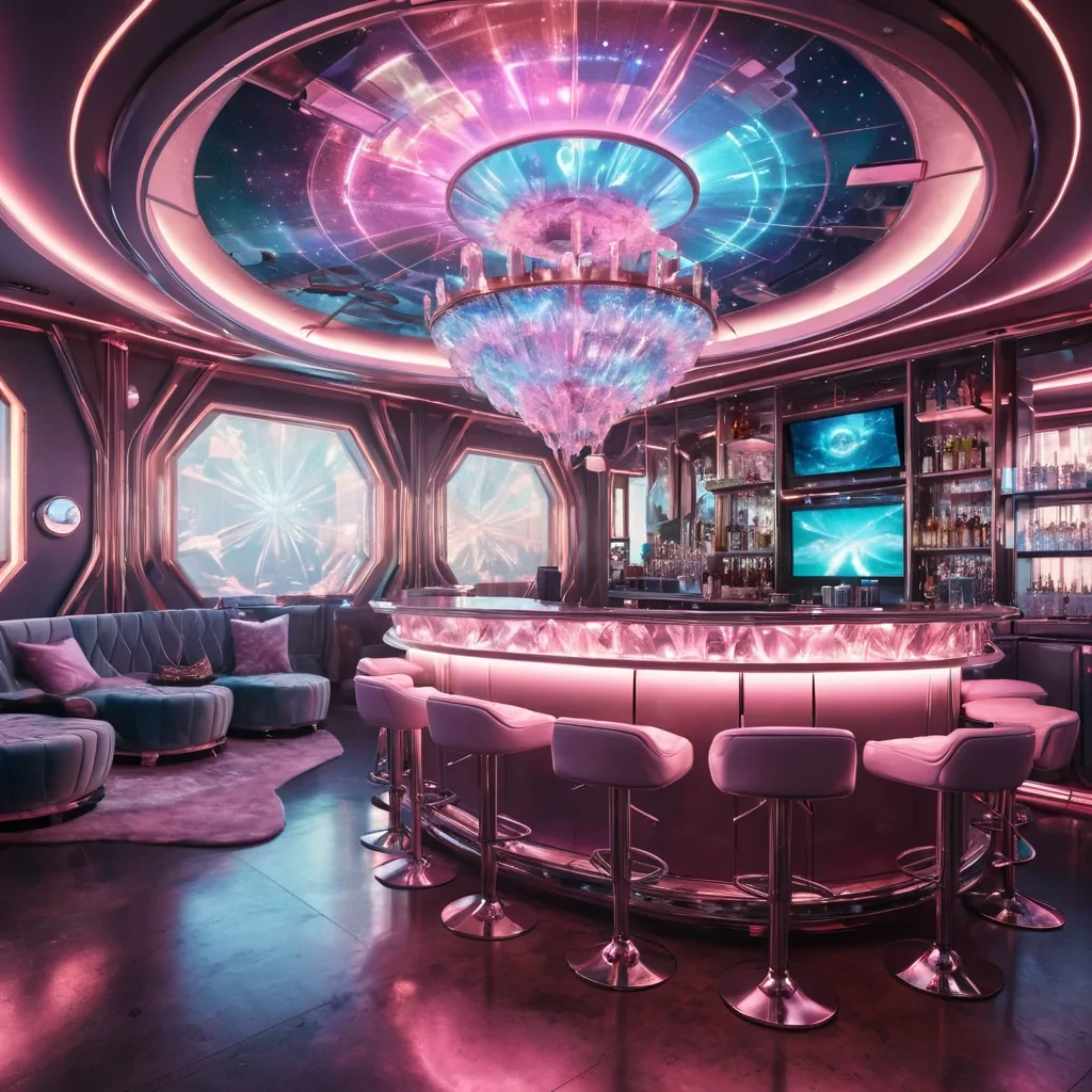 A hyperrealistic, 4K, ultra HD depiction of an opulent, retrofuturistic lounge in a zerogravity space station, its sleek, metallic surfaces and plush, velvet furnishings bathed in the soft, pastel glow of ambient lighting. Fractal, holographic decorations float serenely in the weightless environment, casting mesmerizing, prismatic shadows on the curved, crystalline walls. A vibrant, neon bar counter winds its way through the center of the lounge, its iridescent surface pulsing with a gentle, rhythmic light. Cinematic lighting highlights the luxurious, decadent atmosphere, with lens flare accentuating the stations central, radiant spire, a beacon of technological marvel and cosmic wonder.