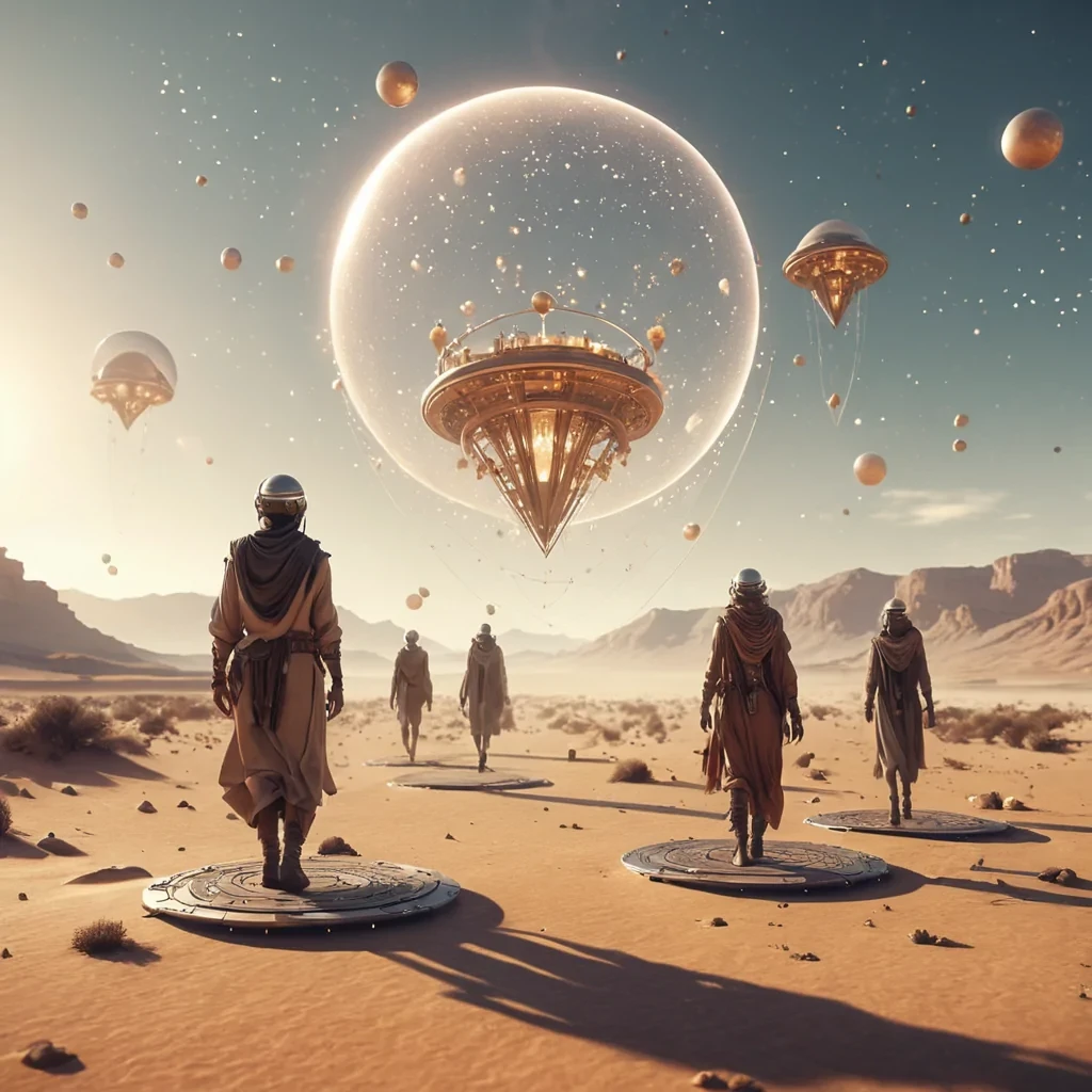 A futuristic nomadic tribe migrating across a vast, desert expanse on levitating platforms, guided by a constellation of floating, crystalline orbs, hyperrealistic, 4K, cinematic lighting, volumetric lighting, atmospheric effects, dynamic lighting, bokeh effect, soft focus, lens flare, earthy tones, detailed textures.