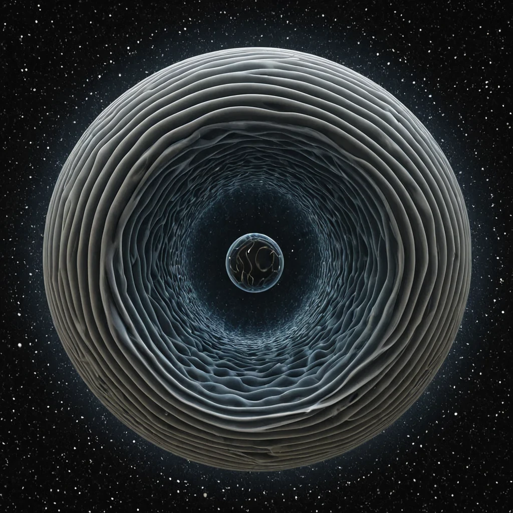 A single, selfoscillating membrane of liquid gravity, shaped like a pulsating, nonNewtonian sphere of inverted mass, floats at the center of a vast, still void where space is not empty, but compressed, unobserved decisions from a civilization that communicated through the resonance of unchosen paths. The membrane does not collapseit unchooses, each ripple dissolving a layer of potential that never unfolded, reforming into ephemeral, chromatic vortices shaped like the negative space between two doorways that never opened in the same breath of hesitation. The void is not darknessit is a layered expanse of solidified probability, each ripple etched with the quantum residue of a choice that was almost made, its surface