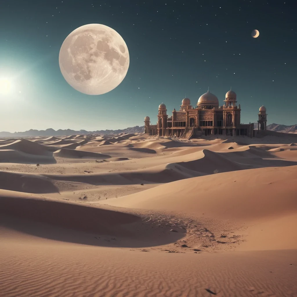 A vast, crystalline desert under a triple moon, where mirrorlike sand dunes reflect the lunar glow, and heatshimmering mirages reveal glimpses of ancient, forgotten architecture, hyperrealistic, 4K, cinematic lighting, volumetric lighting, atmospheric effects, bokeh effect, lens flare, pastel tones, detailed textures.