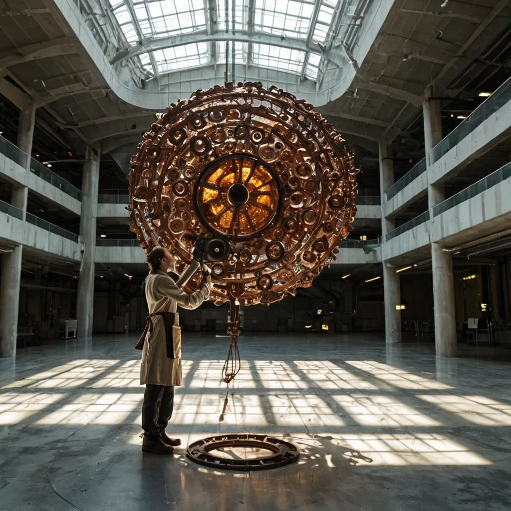 A horizontal, eyelevel medium shot of a vast, sundrenched atrium in a neobrutalist research facility, where the air is thick with floating, golden pollenlike particles that catch the harsh, directional sunlight. The central focus is a massive, intricate sculpture made entirely of interlocking, rusted iron gears and delicate, blown glass tubes, suspended from the ceiling by thick, braided copper cables. The sculpture rotates slowly, casting complex, shifting shadows on the raw concrete floor below. In the foreground, a figure wearing a practical, creamcolored canvas work coat with rolledup sleeves and heavy leather apron stands holding a magnifying loupe, examining a small, glowing fragment of amber embedded in a dark slate tablet. The lighting is