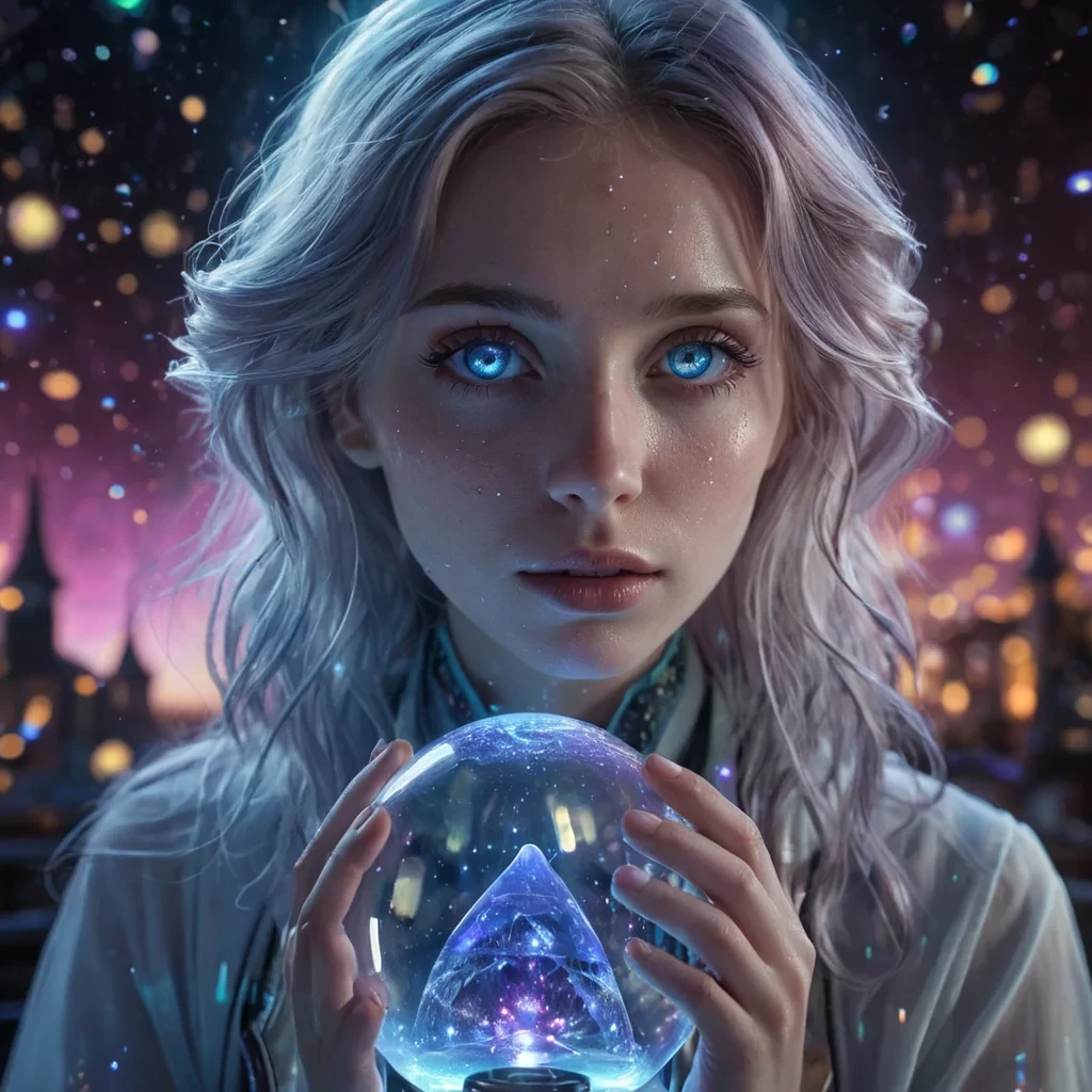 A hyperrealistic, 4K, ultra HD portrait of a chronoalchemist, her skin shimmering with the iridescent hues of a timedilated aurora. The alchemists eyes, a deep, enigmatic sapphire, hold the secrets of a thousand temporal reactions. Her hair, a cascade of shimmering, holographic chronometers, gently pulses with each beat of her rhythmic heart. The background is a surreal, hightech observatory filled with floating, selfassembling hourglasses and the soft glow of quantum chronometers. Cinematic lighting accentuates the alchemists otherworldly beauty, while a subtle bokeh effect blurs the neonlit timeline, creating an intimate, focused atmosphere.