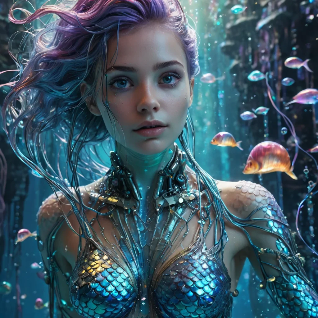 A hyperrealistic, 4K, ultra HD portrait of a cybernetic mermaid, her iridescent scales shimmering with the colors of a neondrenched underwater city. The mermaids eyes, a deep, enigmatic electric blue, hold the secrets of a thousand digital mysteries. Her hair, a cascade of shimmering, holographic bubbles, gently pulses with each beat of her mechanical heart. The background is a surreal, aquatic landscape of crystalline spires and floating data streams, with distant cybermerfolk and holographic sea creatures casting a soft, ethereal glow. Cinematic lighting accentuates the mermaids otherworldly beauty, while a subtle bokeh effect blurs the neonlit underwater realm,
