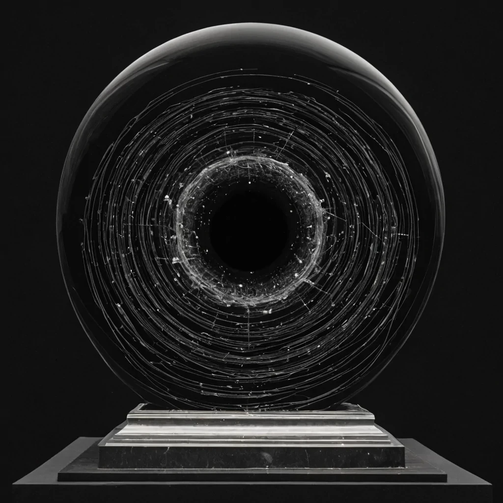 A single, obsidianblack spool of thread, woven from solidified silence and the faint afterimage of a forgotten heartbeat, rests atop a rotating plinth made of polished, selfrepairing obsidian that mirrors the surface of a black hole. The thread is not stillit unravels at a rate of one nanometer per century, each strand emitting a faint, subsonic hum that resonates with the emotional frequency of the observers last unspoken apology. The plinth rotates in perfect sync with the slow, rhythmic pulse of a dying star visible through a dome of transparent, crystallized night sky, which is not glass but a thin membrane of solidified darkness that shimmers with the faint, ghostly outlines of const
