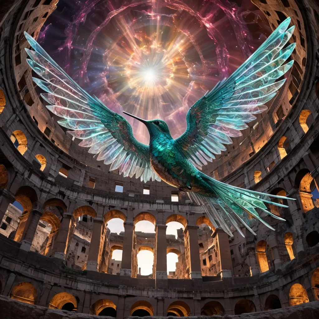 An ancient, colossal, sentient, glass and chrome colosseum, suspended in the heart of a swirling, mesmerizing, interstellar nebula, its transparent walls revealing intricate, holographic, fractal patterns that dance and pulsate with ethereal, otherworldly life. A lone, levitating, iridescent, mechanical swarm of hummingbirds, their metallic wings adorned with fractal patterns, swirls around the colosseum, casting dynamic, mesmerizing shadows under cinematic lighting. Captured in Ultra HD with vibrant colors, atmospheric effects, and a soft focus, evoking a sense of tranquil, otherworldly majesty.