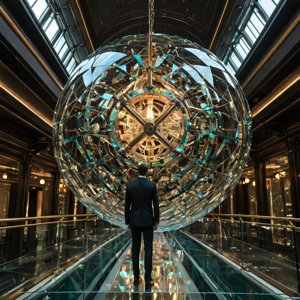A photorealistic, eyelevel medium shot of a solitary figure standing on a narrow, suspended walkway made of transparent, reinforced glass within a colossal, hollowedout sphere of polished, iridescent opal. The interior walls of the sphere are lined with thousands of intricate, clockwork mechanisms made of brushed brass and copper, their gears and springs exposed and slowly rotating in complex, synchronized patterns. The figure wears a sleek, formfitting suit of matteblack fabric with subtle, glowing teal circuitry lines running along the seams, their hands resting on the glass railing. Above, a massive, spherical chandelier made of clustered, faceted crystal shards hangs from the ceiling, emitting a soft, warm, golden light that refracts through the