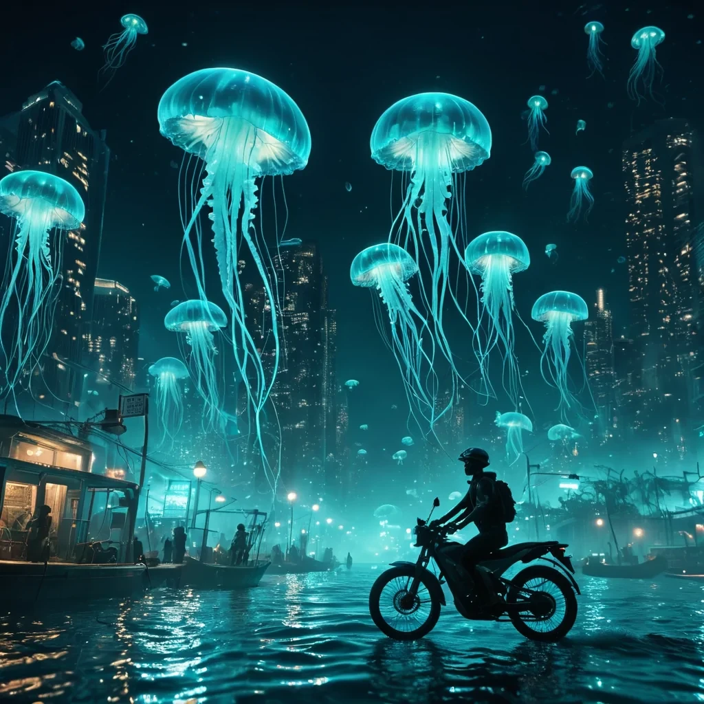 A vast, underwater city illuminated by bioluminescent flora, with inhabitants riding luminescent jellyfish, hyperrealistic, 8K, cinematic lighting, volumetric lighting, atmospheric effects, dynamic lighting, bokeh effect, soft focus, lens flare, ethereal blues and teals, detailed textures.