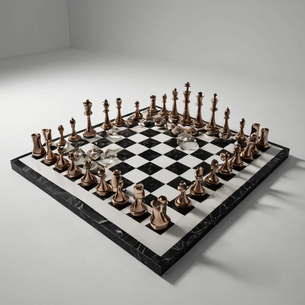 A hyperrealistic, topdown orthographic view of a sprawling, infinite chessboard where the squares are not flat, but deep, polished basalt troughs filled with slowly churning, opaque, milky white liquid that emits a lowfrequency hum visible as subtle concentric ripples. The chess pieces are not traditional figurines, but towering, slender spires of woven, iridescent carbon fiber and polished rose gold, each piece balanced on a thin, floating disc of levitating magnetic fluid. The lighting is stark and clinical, derived from a singular, diffuse source above, casting long, sharp, parallel shadows across the milky surface. The color palette is strictly monochromatic silver, warm champagne, and pure white, with no hints