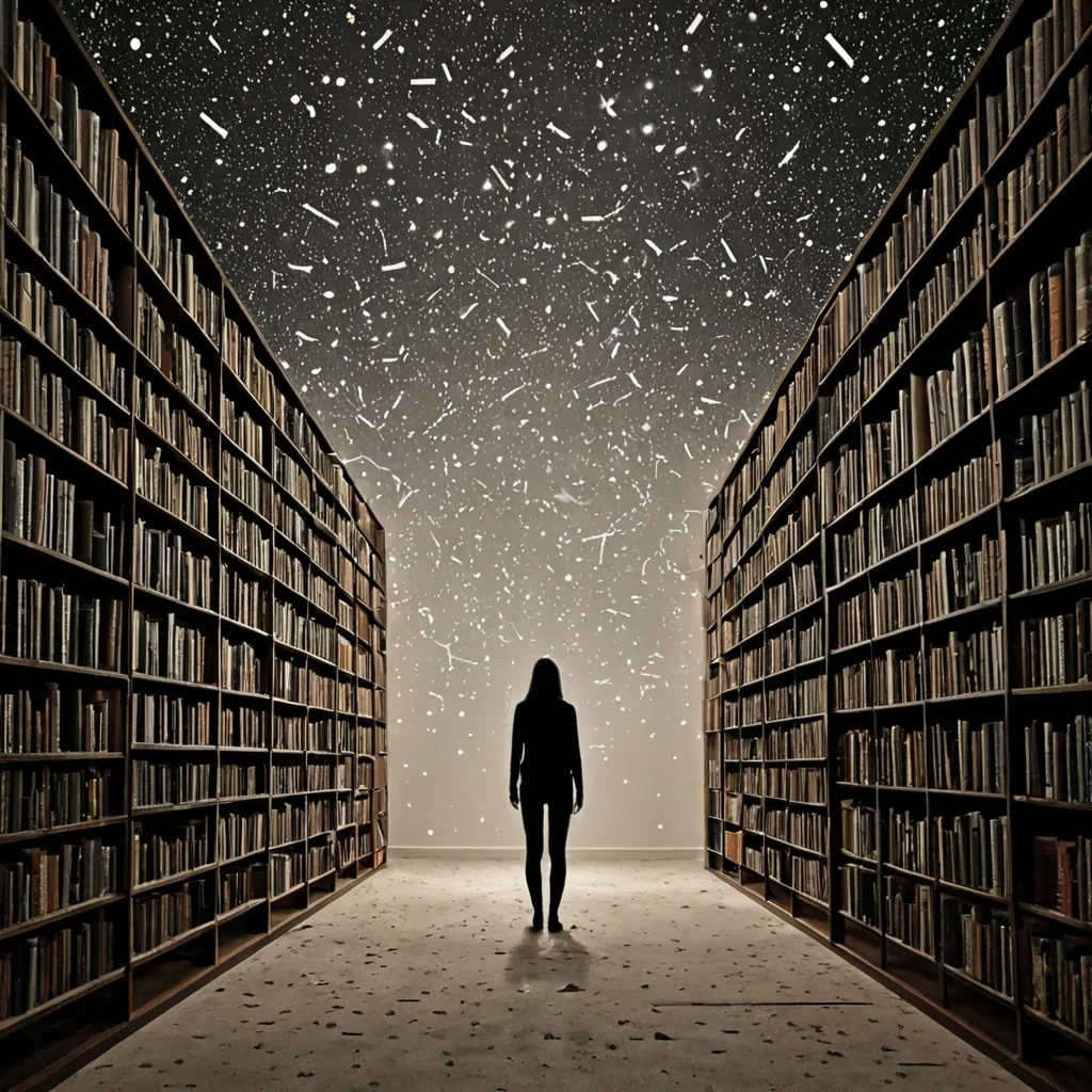 A single, selfrewriting constellation of inverted language, shaped like a 4,001dimensional tesseract of unformed syntax and reversed grammar, drifts through a vast, inverted library of solidified silenceeach bookshelf carved from the exact moment between a sentence being composed and its refusal to be spoken, a metaphor forming and dissolving into nonsemantic fog, a narrative beginning and collapsing into pure, unstructured void. The constellation does not communicateit uncommunicates, each shimmering vertex shedding a fragment of linguistic potential that never coalesced into meaning, reforming into ephemeral, obsidianthreaded afterimages shaped like the negative space between two minds that never attempted to speak the same unsayable truth,