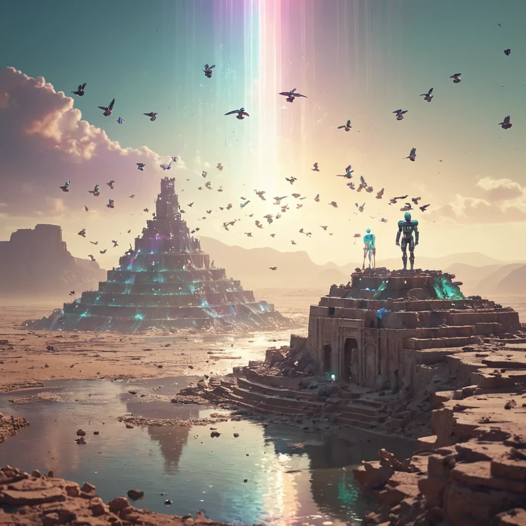 A lone figure standing on the edge of a crumbling, ancient ziggurat overlooking a sprawling, flooded desert, with a flock of iridescent, birdlike robots taking flight, hyperrealistic, 4K, cinematic lighting, volumetric lighting, atmospheric effects, dynamic lighting, bokeh effect, soft focus, lens flare, pastel tones, detailed textures.
