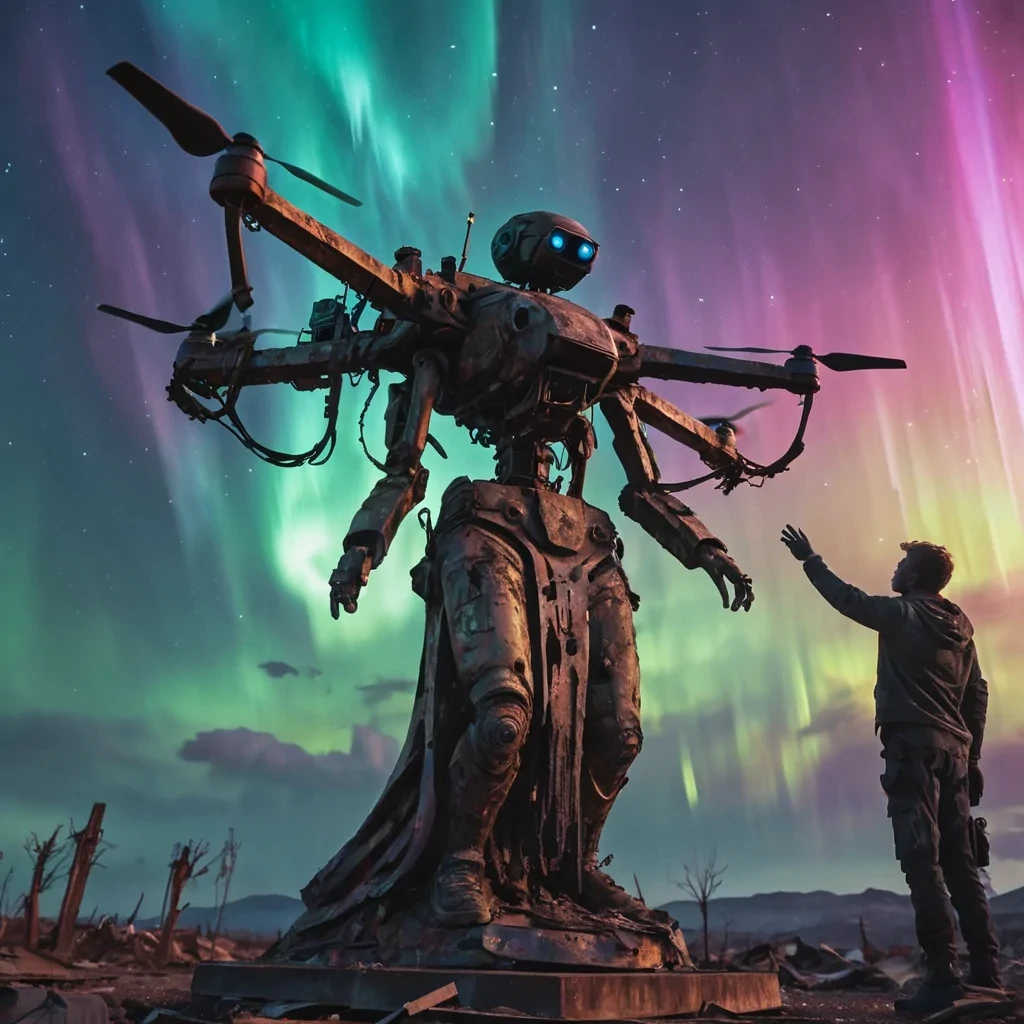 A lone, sentient drone paints a mural on the side of a colossal, rusted statue in a postapocalyptic wasteland, with a backdrop of swirling, neon auroras, hyperrealistic, 8K, cinematic lighting, volumetric lighting, atmospheric effects, dynamic lighting, bokeh effect, soft focus, lens flare, earthy tones, detailed textures.