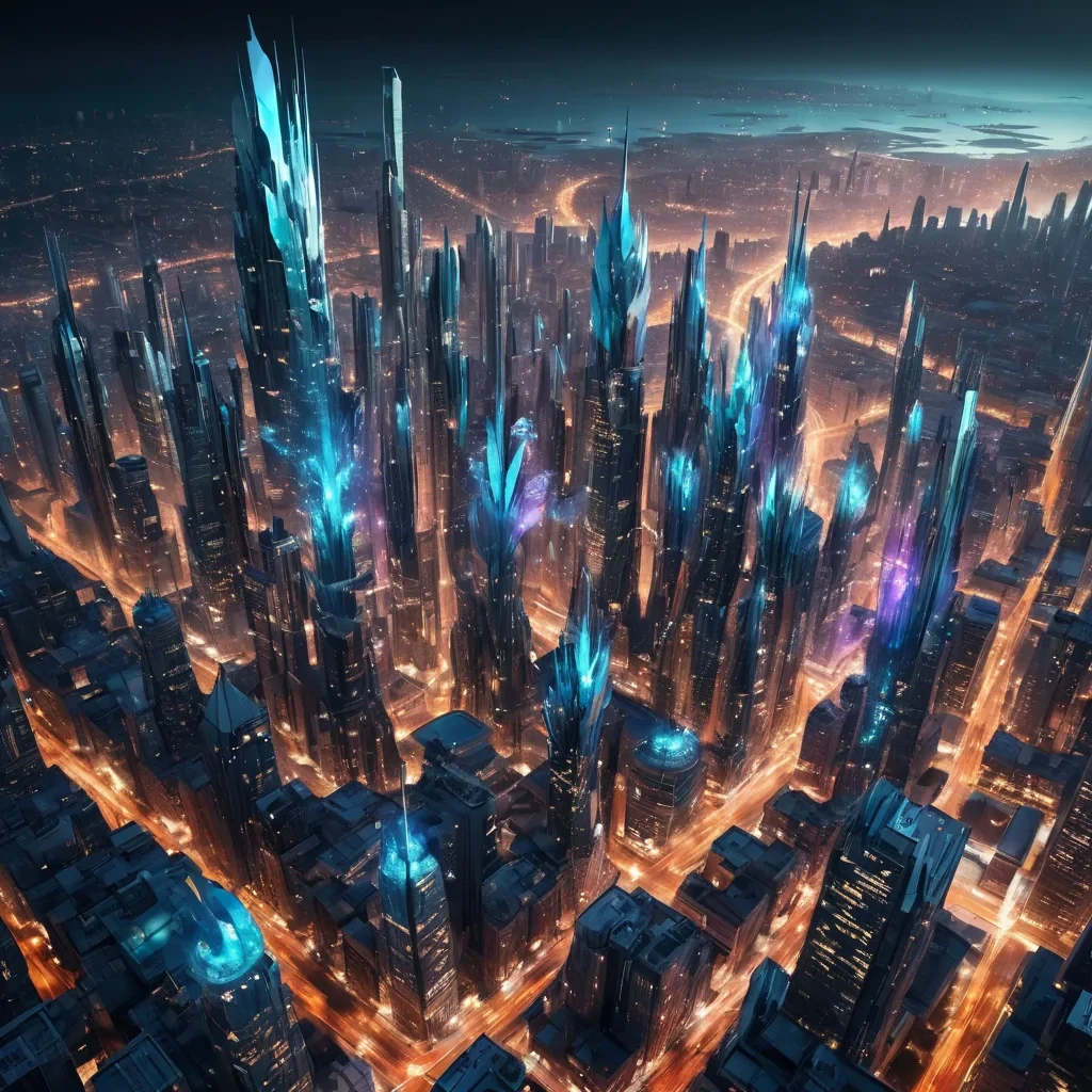 An opalescent, levitating cityscape, a harmonious blend of Baroque and futuristic architecture, hovers above a vast, undulating sea of azure, liquid metal. Within its translucent, crystalline towers, holographic, bioluminescent flora dances, casting ephemeral shadows on the citys inhabitants sentient, mechanical birds, their metallic feathers reflecting the citys ethereal glow. Rendered in ultra HD, with volumetric lighting, atmospheric effects, and vibrant colors, evoking a sense of awe and wonder at this airborne, otherworldly metropolis.