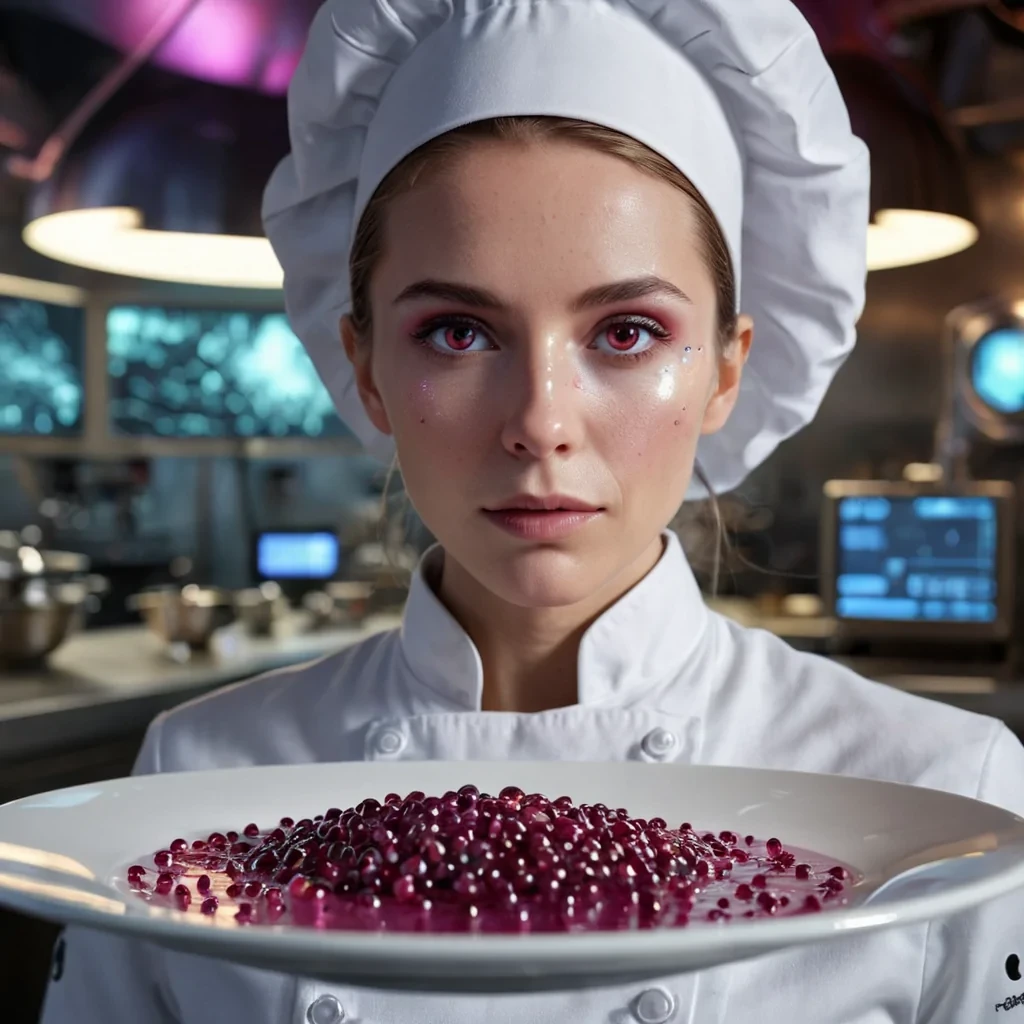 A hyperrealistic, 4K, ultra HD portrait of a quantum chef, her skin shimmering with the iridescent hues of a culinary prism. The chefs eyes, a deep, enigmatic garnet, hold the secrets of a thousand molecular recipes. Her hair, a cascade of shimmering, holographic flavor molecules, gently pulses with each beat of her gastronomic heart. The background is a surreal, hightech observatory filled with floating, selfassembling molecular mixers and the soft glow of quantum taste analyzers. Cinematic lighting accentuates the chefs otherworldly beauty, while a subtle bokeh effect blurs the neonlit flavor spectrum, creating an intimate, focused atmosphere.