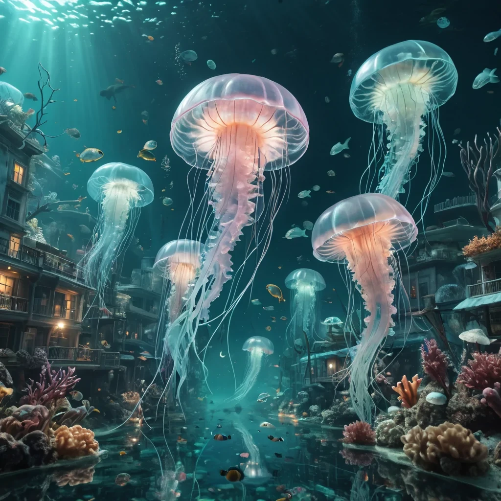 A bustling underwater cityscape filled with luminescent flora and fauna, where inhabitants ride translucent jellyfishlike creatures through crystalclear waters, hyperrealistic, Ultra HD, cinematic lighting, volumetric lighting, atmospheric effects, soft focus, pastel tones, detailed textures.