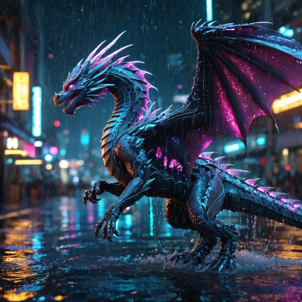 A neonlit cybernetic dragon soaring through a rainsoaked neon city at night, water droplets glistening like diamonds on its metallic scales, hyperrealistic, 4K, cinematic lighting, volumetric lighting, atmospheric effects, dynamic lighting, bokeh effect, soft focus, lens flare, vibrant colors, detailed textures.