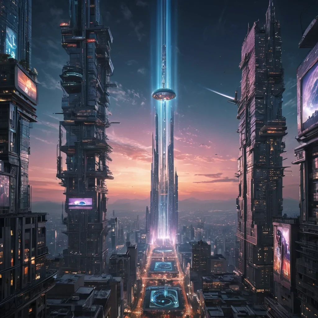 A hyperrealistic, neonlit, vertical cityscape at dusk, with colossal, futuristic skyscrapers reaching towards a twilightstreaked sky. The citys sprawling, interconnected structures are adorned with intricate, holographic billboards displaying dynamic, everchanging digital art. Suspended above the city, a colossal, dormant, levitating space elevator, its colossal, iridescent, crystal core casting dynamic, otherworldly beams across the cityscape, revealing intricate, ancient alien symbols etched into the weathered, stardustkissed metal surface. Within the space elevator, a spectral figure, clad in a tattered, vintage astronauts