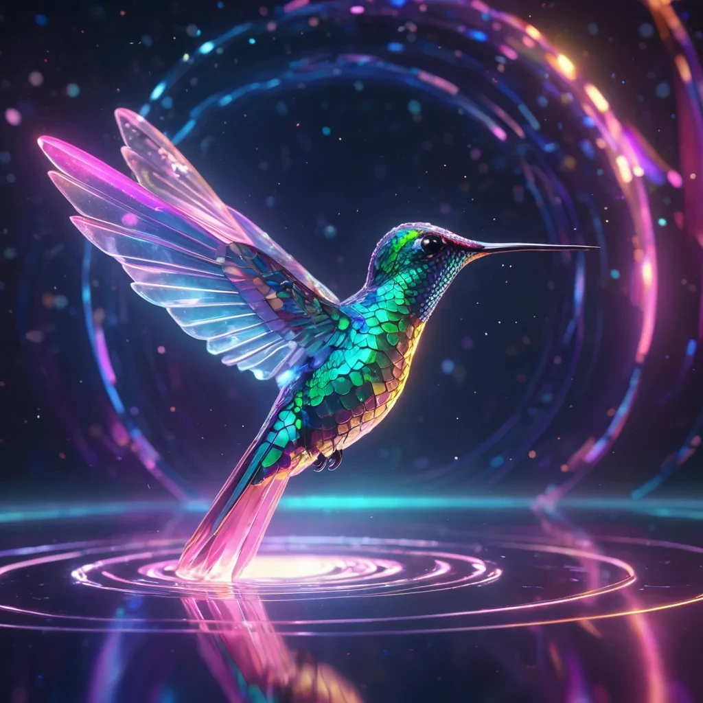 Hyperrealistic neon hummingbird with iridescent wings, gracefully hovering over a floating, geometric wave of reflective, swirling pastel octagons, dynamic lighting with volumetric beams, soft focus on its delicate, luminescent body, vibrant colors, 4K resolution, lens flare dancing around its ethereal form in a surreal, futuristic sky sanctuary.