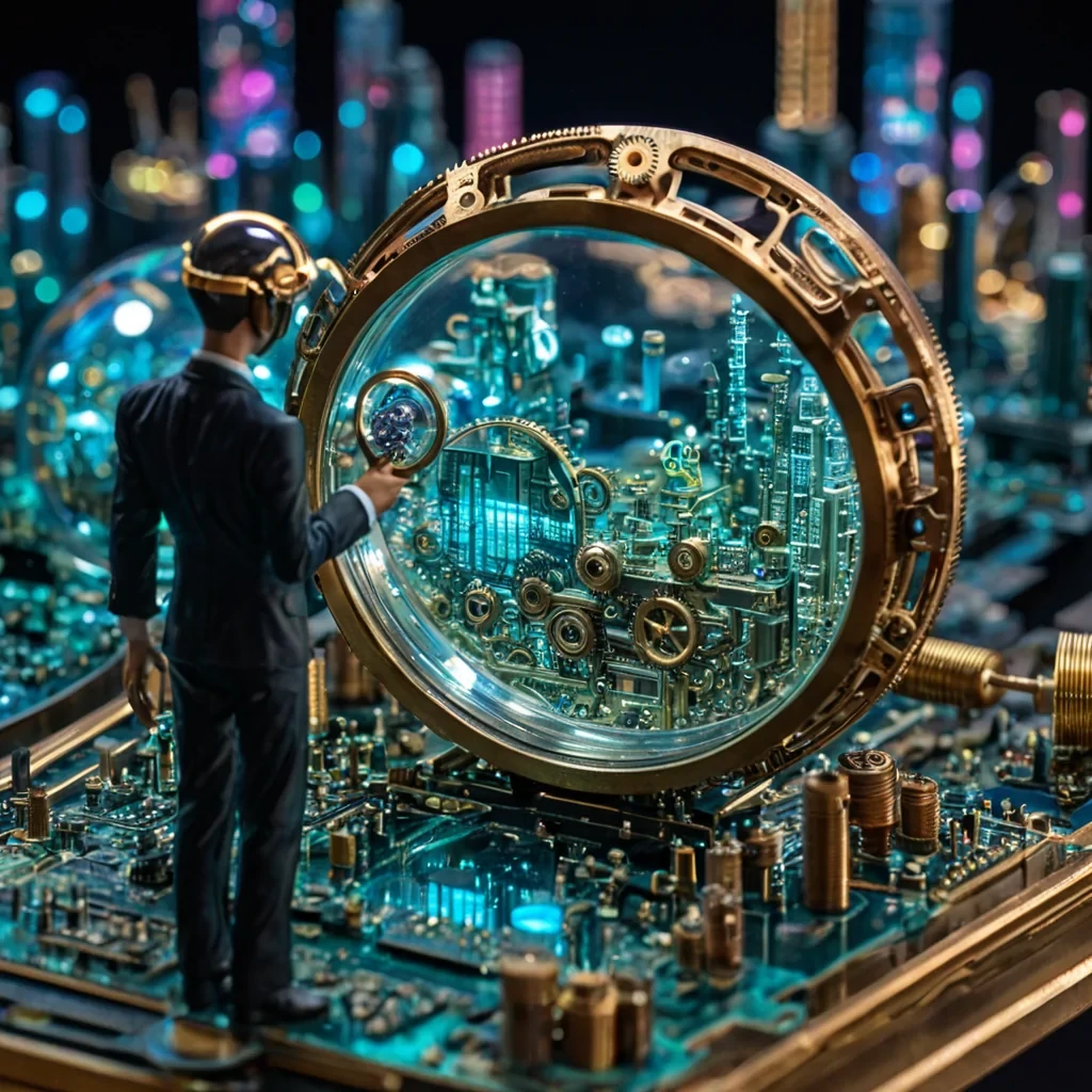 A horizontal, eyelevel closeup shot of a microscopic landscape viewed through a hyperclear glass lens, revealing a cityscape built entirely from intricate, interlocking mechanical watch parts and tiny, glowing circuit boards. The buildings are towering stacks of brass gears, copper coils, and silver springs, connected by microscopic fiberoptic cables that pulse with soft, rhythmic pink and teal light. In the foreground, a tiny, humanoid figure clad in a sleek, reflective visor and a suit of woven gold thread stands on a flat, polished sapphire platform, holding a miniature magnifying glass that enlarges a single, intricate cog into a complex, floating hologram of data streams. The background blurs into a creamy, outoffocus bo