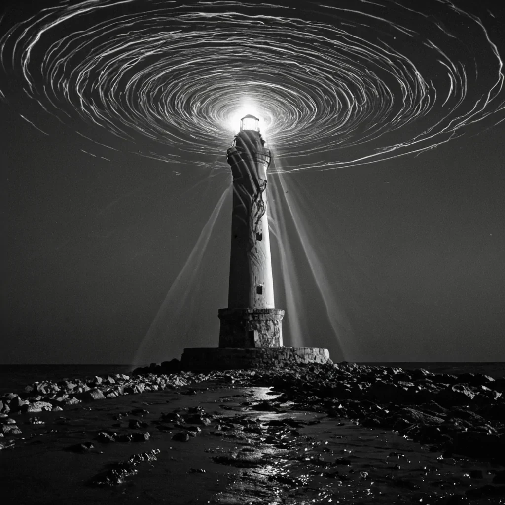 A single, selfgenerating tangle of reversed light, shaped like a 109dimensional braid of unformed photons and inverted luminescence, drifts through the center of a vast, inverted lighthouse of solidified darknesseach beam carved from the petrified instant between a flare ignited and its refusal to burn, a signal sent and its sudden collapse into static, a beacons pulse and its silent unraveling into pure void. The tangle does not emitit unemits, each shimmering strand shedding a layer of radiant potential that never coalesced into a shared illumination, reforming into ephemeral, cobaltthreaded afterimages shaped like the negative space between two eyes that never saw the same horizon,