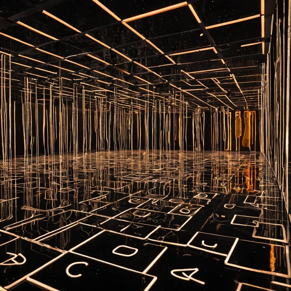 A horizontal, eyelevel, photorealistic shot of a vast, indoor atrium where the floor is composed of a seamless, flexible sheet of liquid mercury that flows in gentle, rhythmic undulations. Suspended above the liquid floor, at varying heights, are hundreds of perfectly flat, rectangular cards made of translucent, frosted glass, each displaying a single, glowing, neonorange geometric equation that hovers in the air without support. The equations are written in a complex, alien script that shimmers with a faint, internal heat. The walls of the atrium are made of dense, compressed black velvet, absorbing all light except for the soft, diffused glow emanating from the floating cards and the metallic sheen of the mercury below.