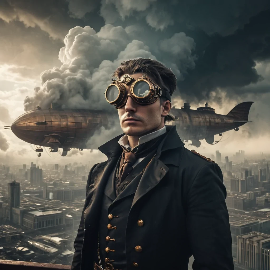 An Ultra HD, cinematic portrait of a steampunk airship captain, their goggles reflecting a stormy, anvilshaped cloud formation, as they stand resolute against the backdrop of a sprawling, industrial metropolis, shrouded in a smoky, sepiatoned haze, with intricate, metallic textures and dynamic lighting casting dramatic shadows.