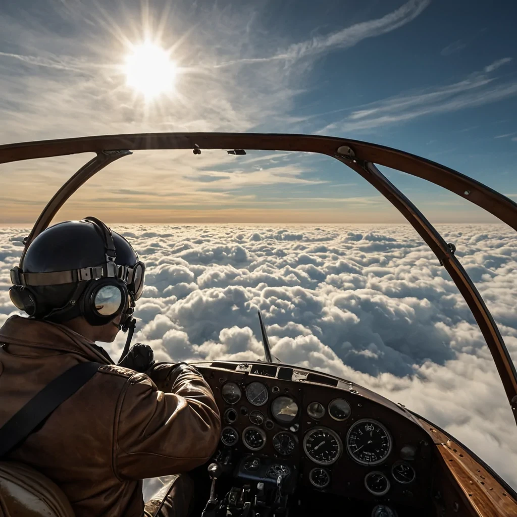 A horizontal, eyelevel medium shot of a silent, highaltitude glider craft constructed from translucent, frosted alabaster and reinforced steel, soaring through a dense layer of stratospheric clouds illuminated by the golden hour sun. The interior cockpit is minimalistic, featuring a single, circular control yoke made of polished walnut wood and a dashboard composed of analog dials with matte black faces and ivory numerals. Through the curved windshield, a vast, endless expanse of fluffy white cumulus clouds stretches to the horizon, punctuated by the sharp, geometric silhouettes of distant, snowcapped mountain peaks piercing the sky. Inside, a pilot wearing a vintage, creamcolored leather flight jacket and large, round aviator goggles with amber