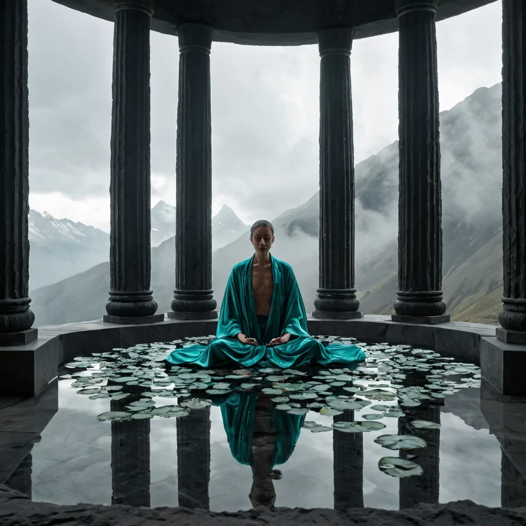 A hyperrealistic, eyelevel medium shot of a serene, circular meditation chamber constructed from seamless, matteblack basalt, set within a dense, cloudshrouded alpine peak. The floor is a perfectly still, shallow basin of dark, viscous obsidian that acts as a flawless mirror, reflecting the turbulent sky above. In the center of the room, a solitary figure dressed in a flowing, iridescent silk robe of shifting teal and silver sits crosslegged on a floating, translucent lotus petal made of hardened clear resin. Surrounding the figure are twelve tall, slender pillars made of polished, raw quartz, each internally illuminated by a soft, pulsating amber light that creates a rhythmic, breathing effect. Suspended from