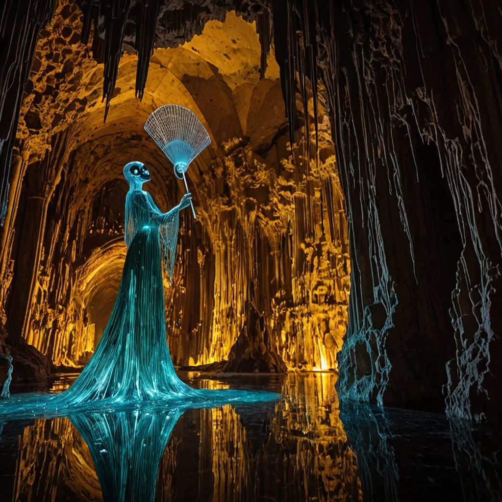 A horizontal, eyelevel wide shot of a vast, subterranean cathedral carved entirely from translucent, ambercolored geological salt formations, where the walls shimmer with internal fractures glowing in warm honey tones. The central nave is suspended over a deep, calm abyss filled with still, dark water that mirrors the ceilings intricate network of glowing, bioluminescent fungal tendrils dripping from above. In the foreground, a solitary figure wearing a flowing, iridescent gown made of woven silk threads that shift between teal and violet stands on a narrow, floating platform of polished obsidian. The figure holds a delicate, open fan crafted from thin sheets of gold leaf, catching the ambient light, while their face is obscured by a smooth, white ceramic mask with no