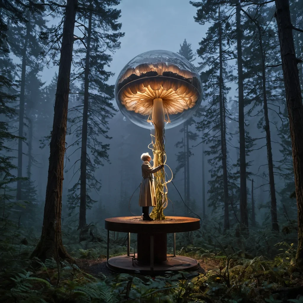 A horizontal, eyelevel wide shot of a serene, suspended glass observatory floating within a dense, twilight forest of giant, bioluminescent fungi. The structure is a perfect sphere of reinforced, transparent quartz, offering a panoramic view of the towering, violethued mushroom stalks that stretch into the misty sky above. Inside, a lone botanist with short, silver hair and wearing a tailored, ivorycolored trench coat with leather accents stands on a circular, rotating platform made of polished mahogany. They are holding a delicate, brass caliper to measure the subtle, rhythmic pulse of a glowing, ambercolored spore cloud drifting outside the glass. The interior is softly illuminated by warm, tungsten filament bulbs embedded in the sphere