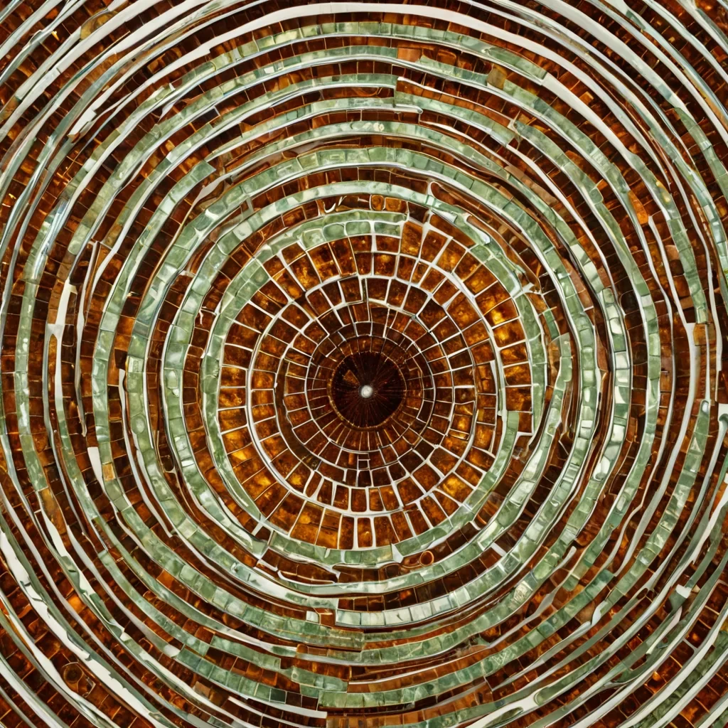 A hyperrealistic, topdown macro shot of a vast, circular arena floor composed of densely packed, individual, semitranslucent cubes of frozen amber resin, each cube containing a single, suspended, desiccated leaf with intricate vein patterns preserved in perfect detail. The cubes are arranged in a precise, concentric spiral pattern that radiates outward from a central, voidlike hole. Hovering directly above the center of this spiraling mosaic is a colossal, intricate mechanical arm made of matte, brushed platinum and pale, organic wood grain, its joints articulated with visible, pulsing hydraulic tubes filled with glowing, pale green fluid. The arm is delicately holding a single, perfectly spherical bead of liquid light, which emits a soft, warm, golden