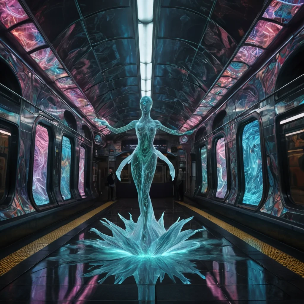 A hyperrealistic, 4K, ultra HD depiction of a surreal, neonlit underground subway station, its walls adorned with intricate, geometric patterns that shimmer in vibrant, prismatic hues. Volumetric lighting from the pulsating, holographic advertisements casts a mesmerizing glow on the bustling crowd of diverse, alien passengers, each with iridescent, scalelike skin and bioluminescent markings. Photorealistic, fractal, zerogravity water formations dance in a surreal ballet above the platform, their gentle movements casting ethereal ripples across the crystalline canals. In the center, a towering, crystalline statue of an ancient, mythological being stands watch, its eyes glowing with an otherworldly, serene light