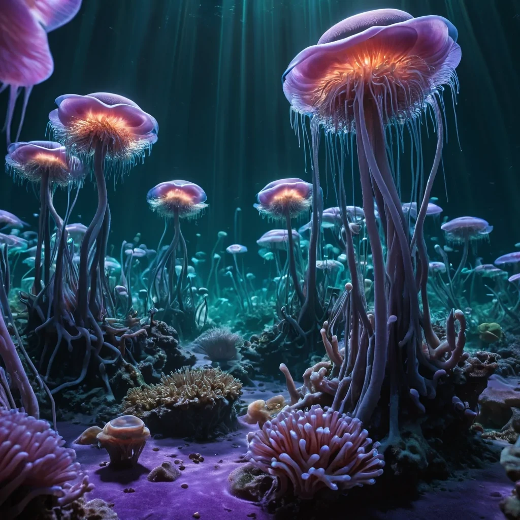 Photorealistic, colossal, undulating, iridescent, anemone metropolis, its hyperrealistic, 4K, velveteen structures revealing ultra HD glimpses of a pulsating, bioluminescent, underwater world within. Volumetric lighting from unseen, bioluminescent sources etches the citys ethereal, bellshaped towers, casting intricate, dynamic, shimmering shadows on the inverted, reflective surface. Cinematic lighting bathes the scene in vibrant, otherworldly hues, with lens flare emphasizing the citys central, radiant, throbbing, anemone heart, pulsating with captive, alien marine life.