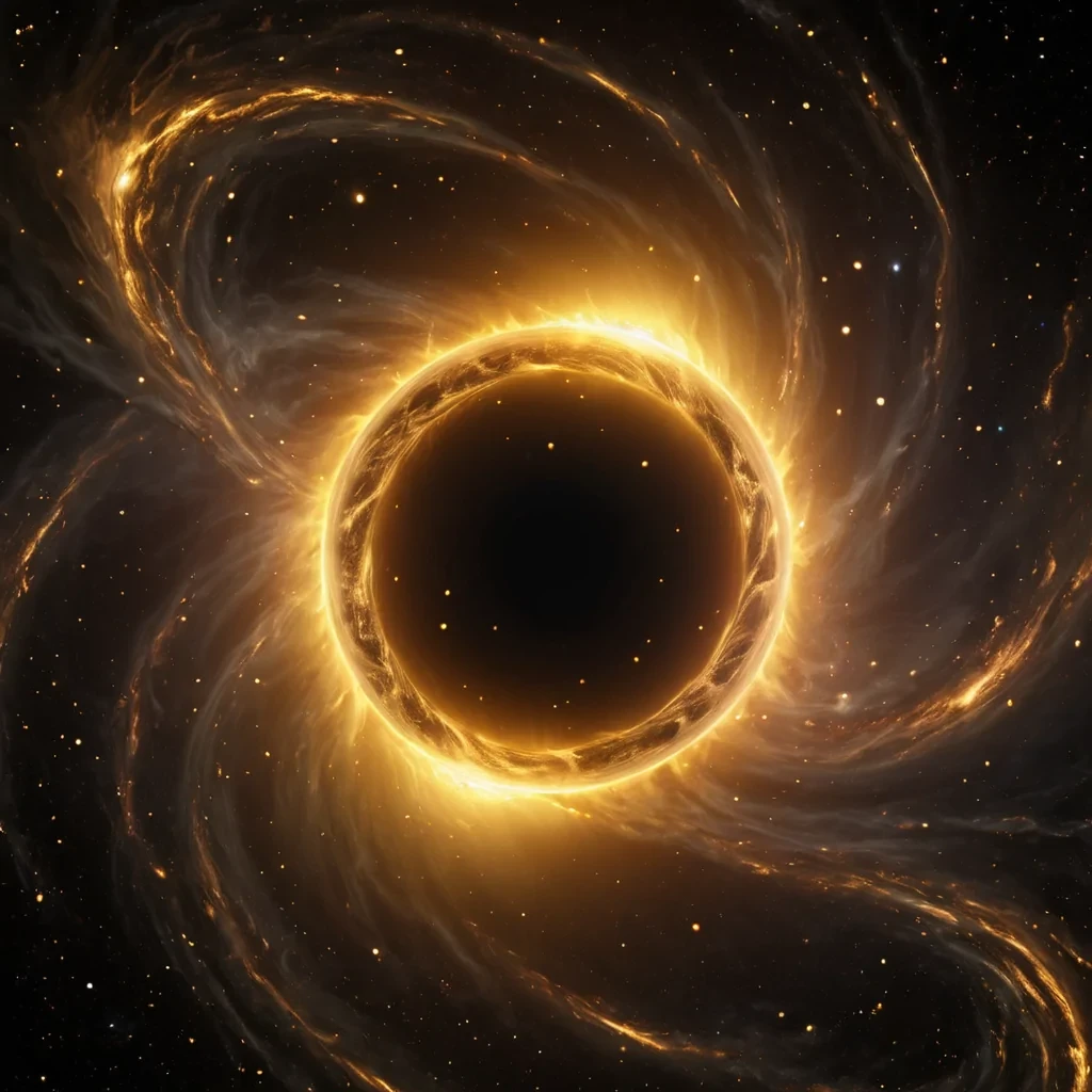 Bright golden colored Blackhole spinning slowly in space