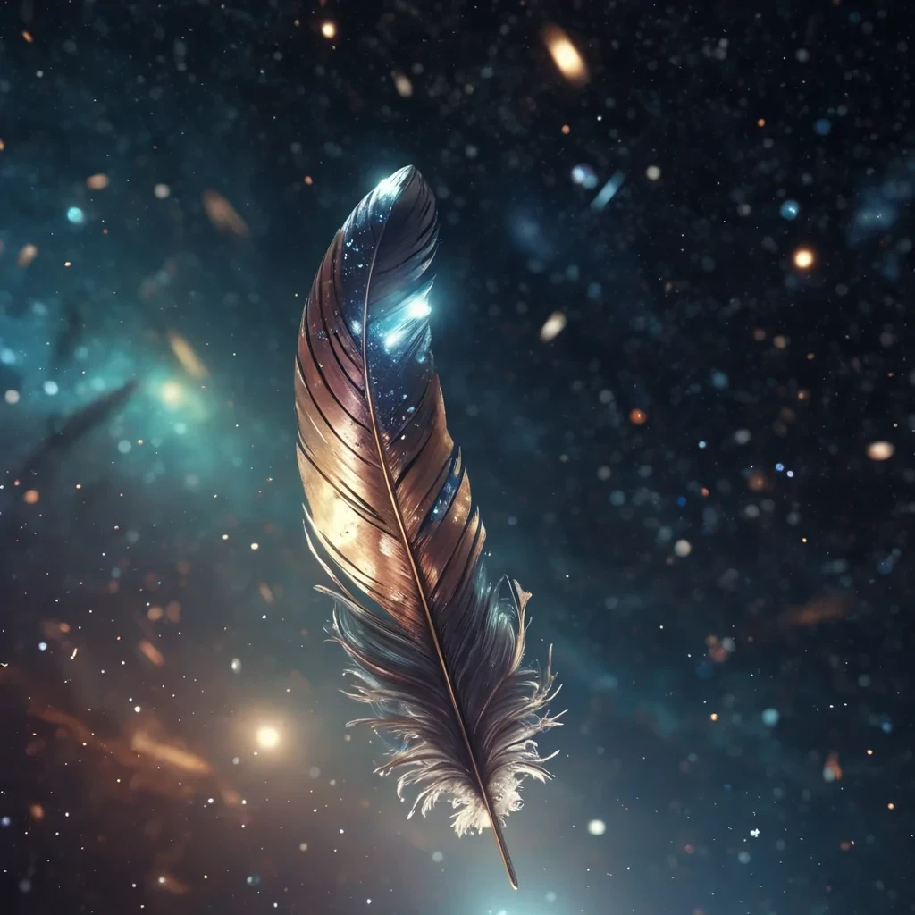 A lone, colossal, metallic feather suspended in the void of space, its surface reflecting a cosmic tapestry of distant galaxies, hyperrealistic, 4K, cinematic lighting, volumetric lighting, atmospheric effects, dynamic lighting, bokeh effect, soft focus, lens flare, metallic tones, detailed textures.