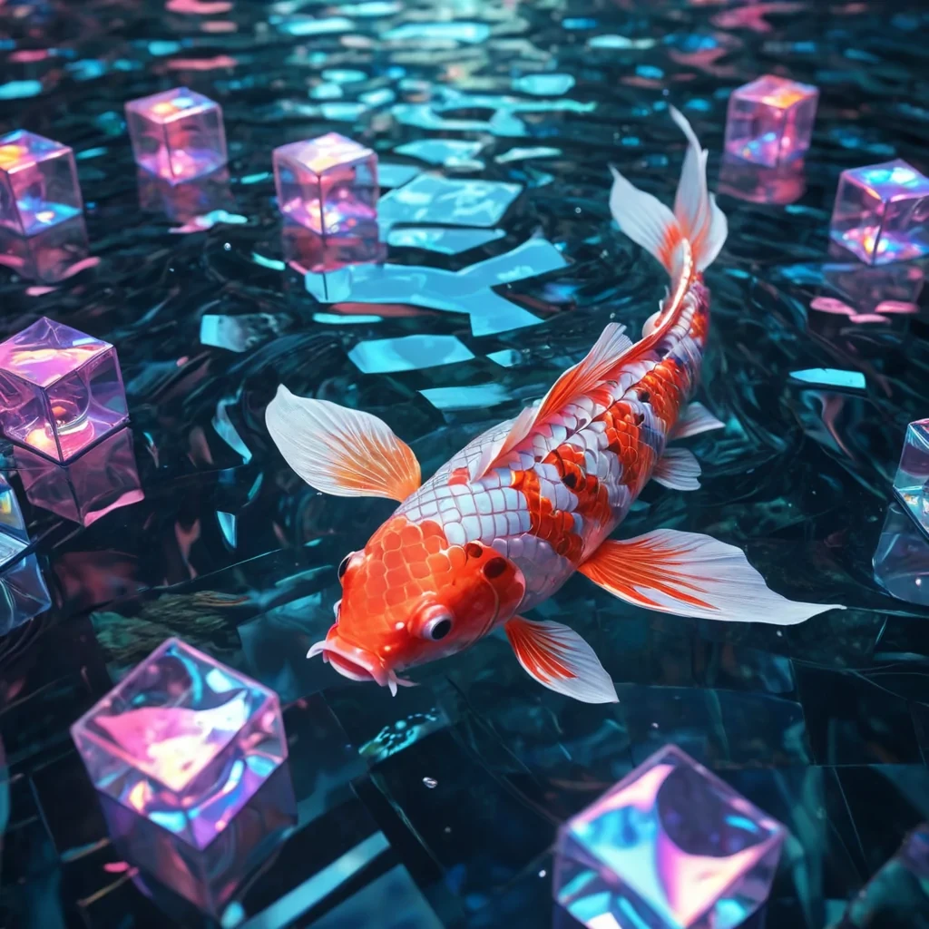 Hyperrealistic neon koi fish with iridescent scales, gracefully swimming through a floating, geometric maze of reflective, swirling pastel cubes, dynamic lighting with volumetric beams, soft focus on its graceful, luminescent body, vibrant colors, 4K resolution, lens flare dancing around its ethereal form in a surreal, futuristic underwater gallery.
