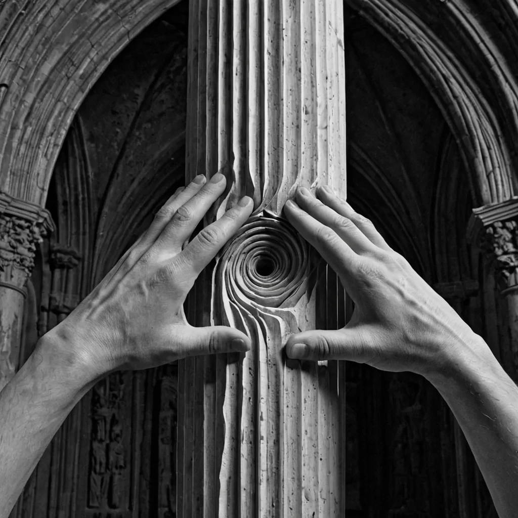 A single, selfilluminating filament of reversed resonance, shaped like a 31dimensional spiral of unformed sound and inverted frequency, drifts through the center of a vast, inverted cathedral of solidified breatheach column carved from the petrified instant between a prayer whispered and its echo swallowed, a hymn begun and its notes dissolved into silence, a chime struck and its vibration never heard. The filament does not vibrateit unresonates, each shimmering strand shedding a layer of harmonic potential that never coalesced into a shared tone, reforming into ephemeral, silverthreaded afterimages shaped like the negative space between two hands that never clasped in reverence, suspended in the hushed, trembling