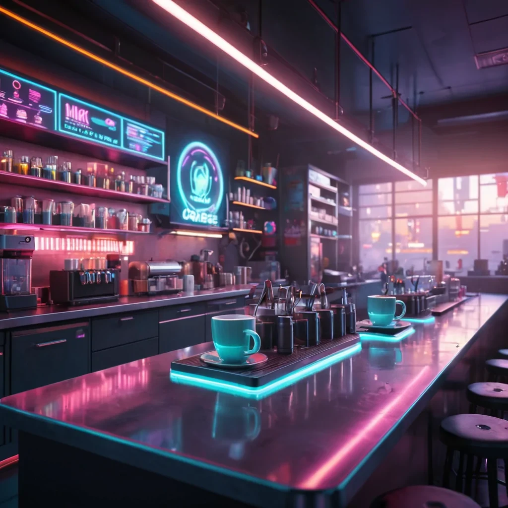 Hyperrealistic cyberpunk caf at dusk with reflective metallic counters, holographic steam rising from neoncoated mugs, volumetric lighting, dynamic shadows, soft focus, vibrant colors, 4K