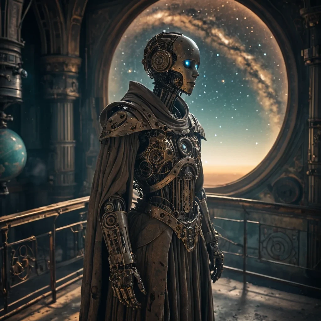 A hyperrealistic, 4K portrait of a melancholic, sentient automaton, its metallic body adorned with intricate, tarnished filigree, standing alone in a vast, abandoned observatory, surrounded by towering, ancient telescopes and faded, celestial charts, with cinematic lighting casting dramatic shadows and emphasizing the intricate, steampunkinspired design, and a subtle, cool bokeh effect creating a sense of isolation and longing, as a lone, spectral comet streaks across the night sky, its glowing tail leaving a trail of stardust in its wake, while a spectral, ethereal figure, cloaked in a tattered, hooded robe, stands silently at the edge of the