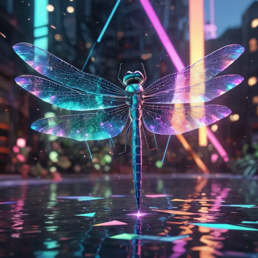 Hyperrealistic neon dragonfly with iridescent wings, gracefully hovering over a floating, geometric cascade of reflective, swirling pastel triangles, dynamic lighting with volumetric beams, soft focus on its delicate, luminescent body, vibrant colors, 4K resolution, lens flare dancing around its ethereal form in a surreal, futuristic urban oasis.