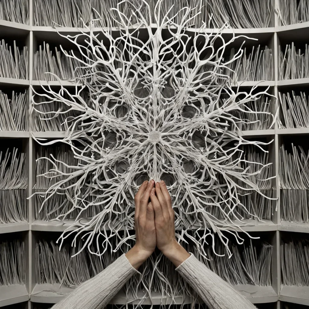 A single, selfquantizing filament of reversed entropy, shaped like a 1,000,000dimensional braid of unformed disorder and inverted decay, pulses at the center of a vast, inverted archive of solidified order  each shelf carved from the exact moment between a snowflake forming and its refusal to melt, a clock winding and dissolving into nonmechanical stillness, a symphony composed and collapsing into pure, unmeasured harmony. The braid does not unravel  it ununravels, each shimmering strand shedding a layer of chaotic potential that never coalesced into irreversible change, reforming into ephemeral, silverthreaded afterimages shaped like the negative space between two hands that