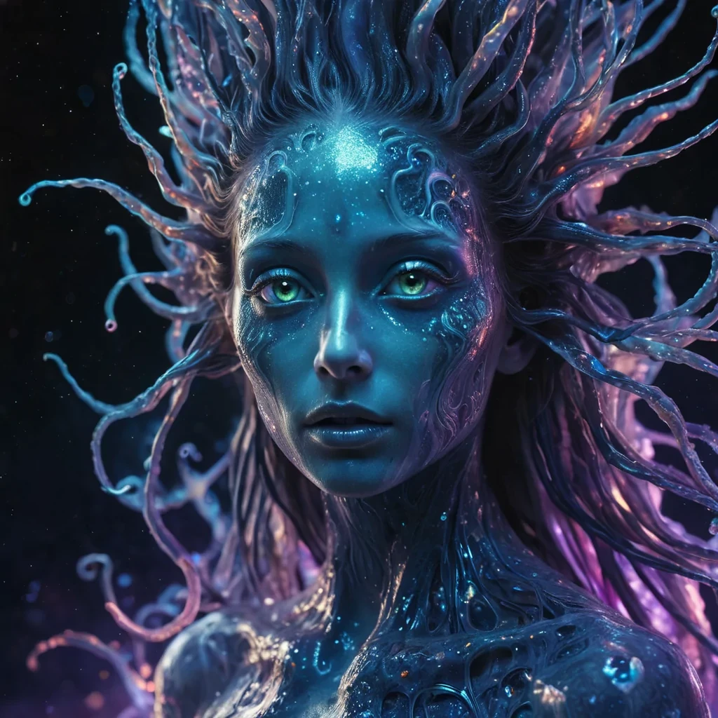 A hyperrealistic, 4K, ultra HD portrait of a mysterious, ethereal being with iridescent skin that shimmers like liquid opal. The beings eyes, a deep, hypnotic indigo, seem to swirl with cosmic nebulae. Their hair, a cascade of bioluminescent fractals, gently pulses with an otherworldly glow. The background is a surreal, underwater landscape of vibrant hydrothermal vents and bioluminescent creatures, with shafts of ethereal light filtering through the waters surface. Cinematic lighting accentuates the beings otherworldly features, while a soft focus blurs the alien aquatic surroundings, creating an enchanting atmosphere.