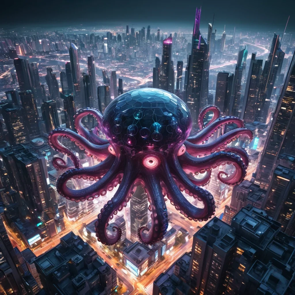 Photorealistic, colossal, crystalline, levitating, octopus cityscape, its hyperrealistic, 4K, geometric structures revealing ultra HD glimpses of a bustling, neonlit, cyberpunk metropolis within. Volumetric lighting from unseen, pulsating, cybernetic cores etches the citys ethereal, fractal towers, casting intricate, dynamic, neondrenched shadows on the inverted, reflective void. Cinematic lighting bathes the scene in vibrant, electric hues, with lens flare emphasizing the citys central, radiant, throbbing, octopus heart, pulsating with captive, artificial intelligence.