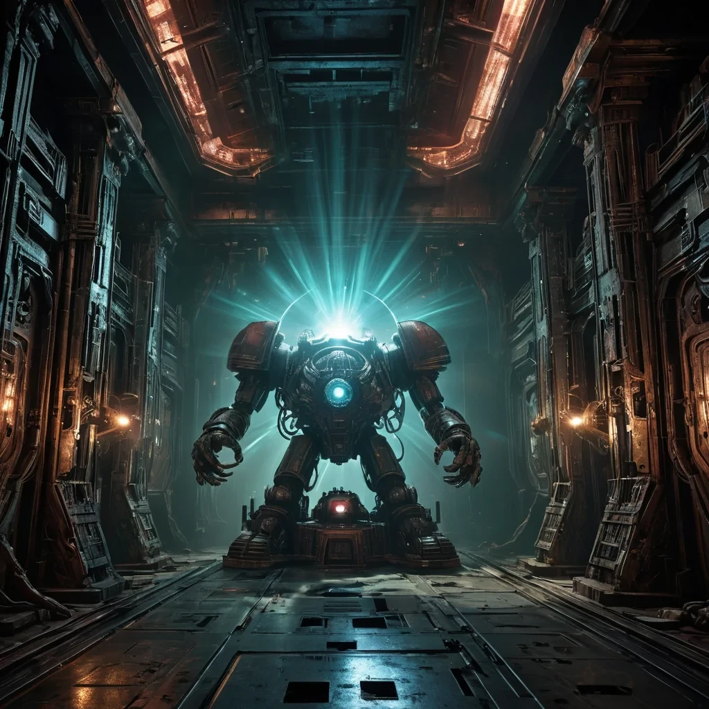 In the heart of a hyperrealistic, abandoned space hulk, a colossal, ancient holographic projector flickers to life, casting a vibrant, Ultra HD display of a longforgotten alien landscape onto the rusted, detailed walls. Cinematic lighting from the projector creates dramatic shadows, while dynamic, volumetric lighting dances across the hulks labyrinthine corridors. The holograms intricate, textured surface shimmers with atmospheric effects, as lens flare from a distant, pulsating star accentuates the scenes enigmatic, otherworldly beauty.