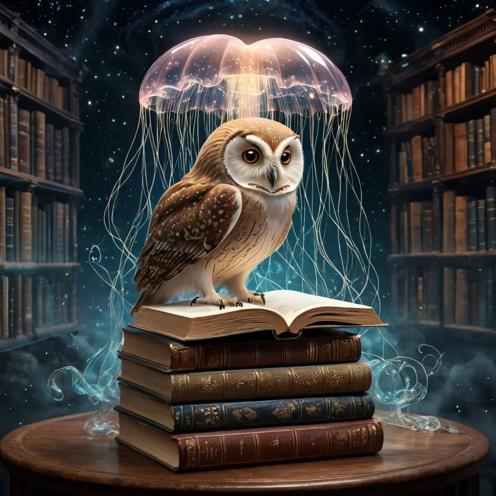 "Imagine an elegant, ancient library where the books are made of crystal, and the pages are written in glowing, ethereal script. The library is suspended in the heart of a colossal, luminescent jellyfish, which floats gently in the void of space. The jellyfish's tendrils extend out like starlight, connecting to distant galaxies, while within its body, a wise, old owl, wearing a tiny, golden monocle, perches on a stack of books, quietly reading the universe's secrets."