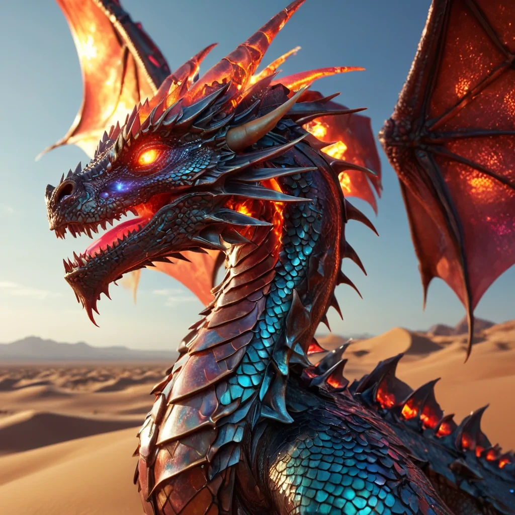 A hyperrealistic, 4K, ultra HD portrait of a sleek, cybernetic dragon, its iridescent scales shimmering with holographic fire. The dragons eyes, molten lava red, glow with an inner intensity, and its wings, a fusion of metallic plates and translucent membranes, flutter with each breath. The background is a vast, futuristic desert landscape, with towering sand dunes and holographic wind turbines casting long, shimmering shadows. Cinematic lighting from a distant, pulsating sun accentuates the dragons otherworldly features, while a soft focus blurs the hightech desert surroundings, creating an ethereal atmosphere.