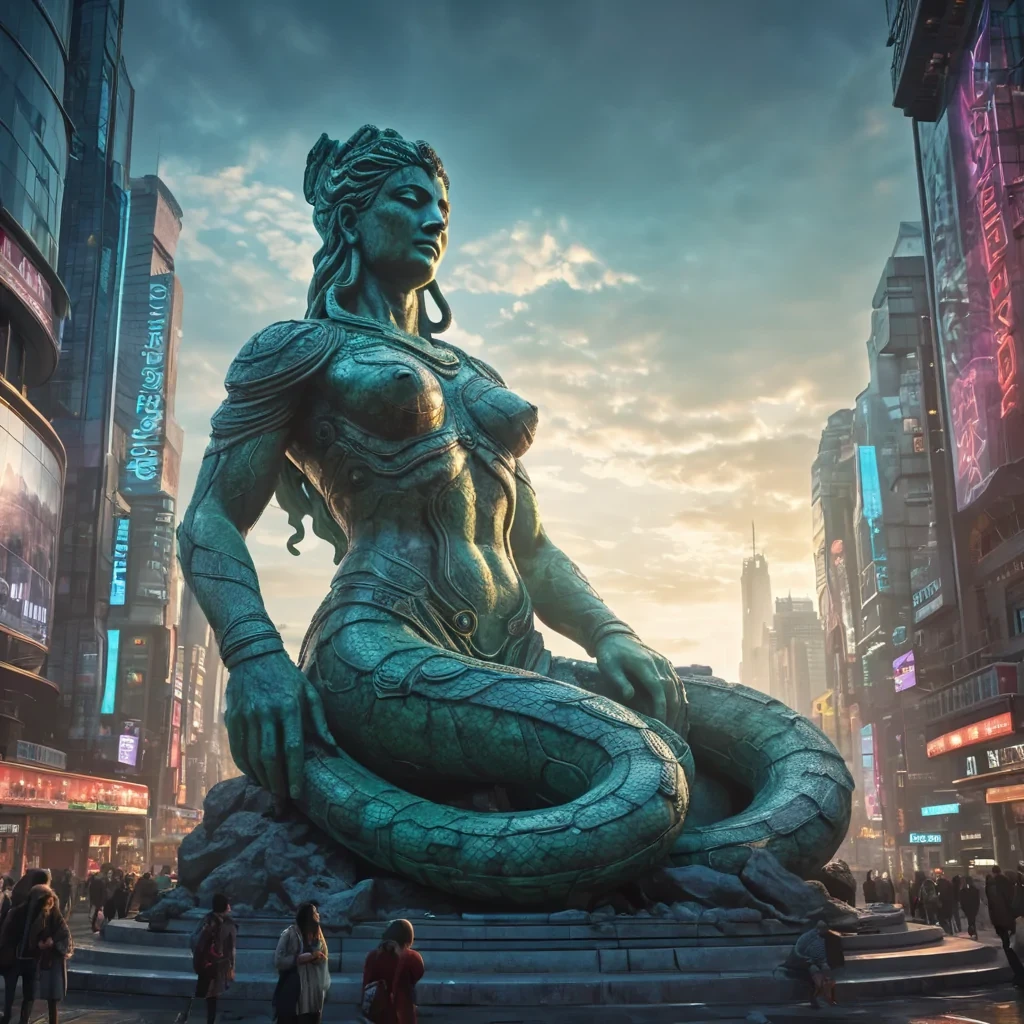 A colossal, ancient statue of a serpentine deity awakening from its stone slumber in a bustling, futuristic metropolis, hyperrealistic, ultra HD, cinematic lighting, volumetric lighting, atmospheric effects, dynamic lighting, lens flare, vibrant colors, detailed textures.