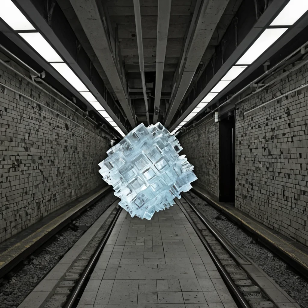 A single, selfreplicating cluster of frozen laughter crystallizes in the center of a suspended, inverted subway station built from the petrified echoes of a conversation that never happened, its shards not ice but forged from the thermal inertia of a joke told in a language that dissolves upon hearing. The cluster does not expandit fractures with each pulse, releasing the kinetic energy of a thousand unshared smiles into the air, condensing into a dense, opalescent cube that hums with the harmonic resonance of a punchline that never landed. The stations walls are not tilethey are layered strata of fossilized silence, each panel etched with the chromatic afterimage of a moment suspended between breaths. The tracks are not